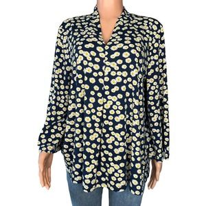 Weekend Suzanne Betro Shirt Womens XL Blue Floral Print 3/4 Sleeve V-Neck